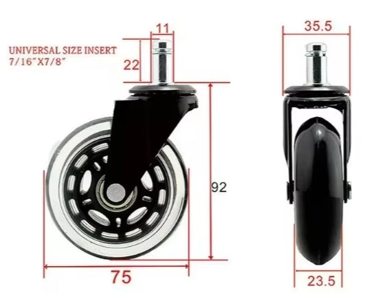 Office Chair Rollerblade Castors Suit to Herman Miller, Steelcase Chairs - Set of 5