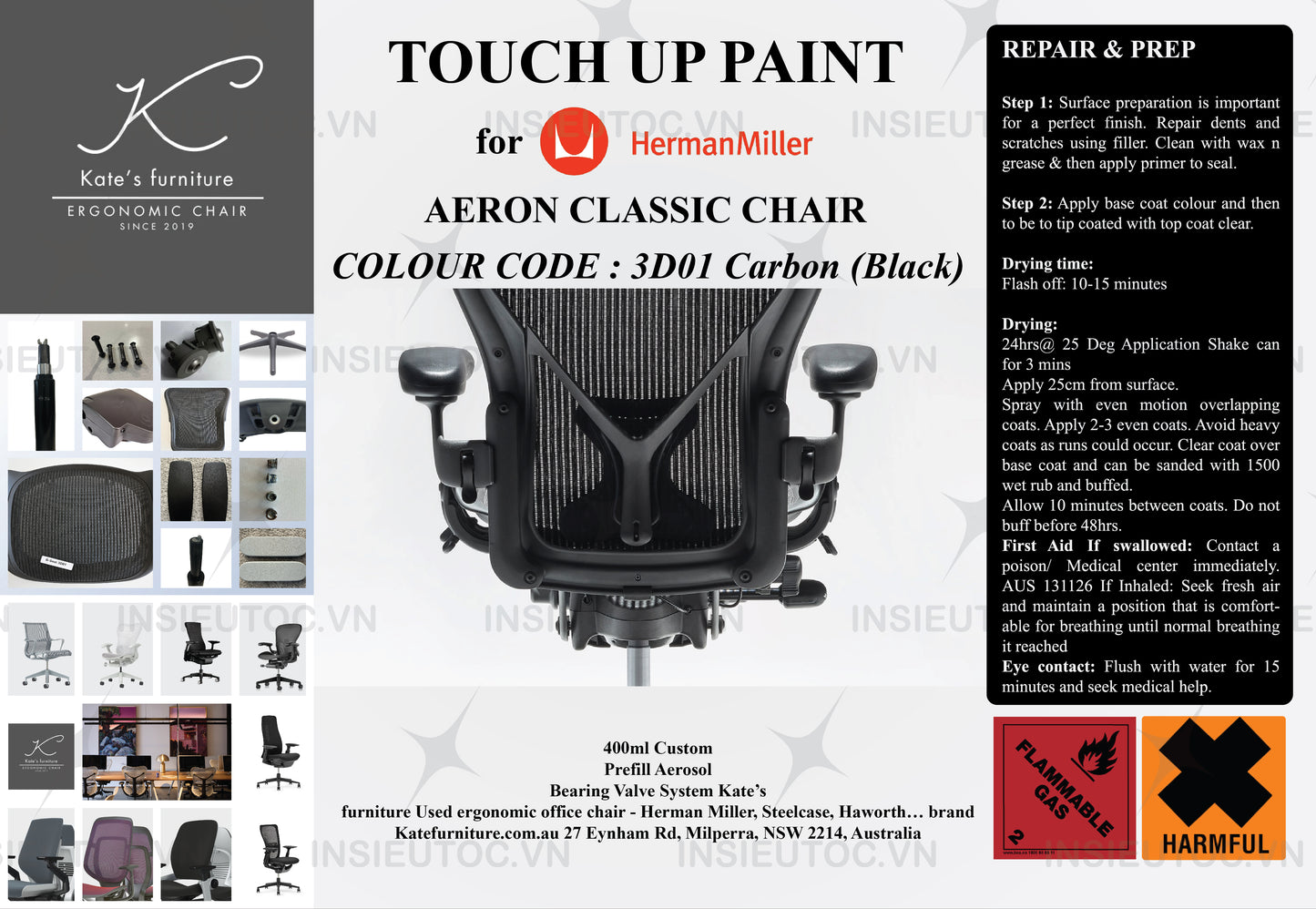 Touch up paint for Herman Miller Aeron classic chair - colour code 3D01 - Carbon